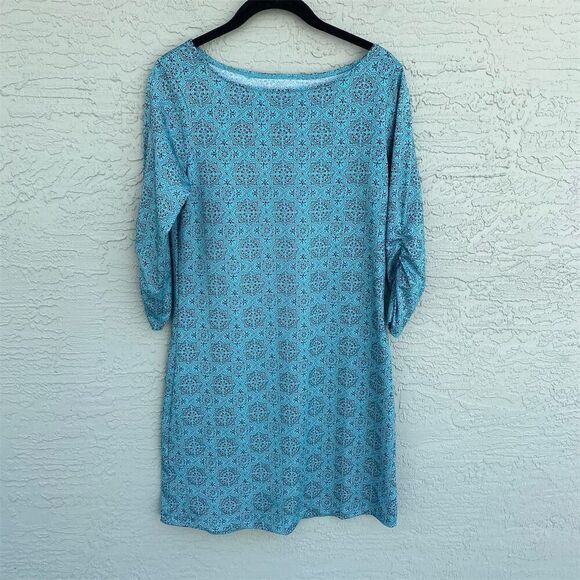 Lola 3/4 Sleeve Ruched Dress Blue Print Size S Casual Spring - Picture 1 of 6